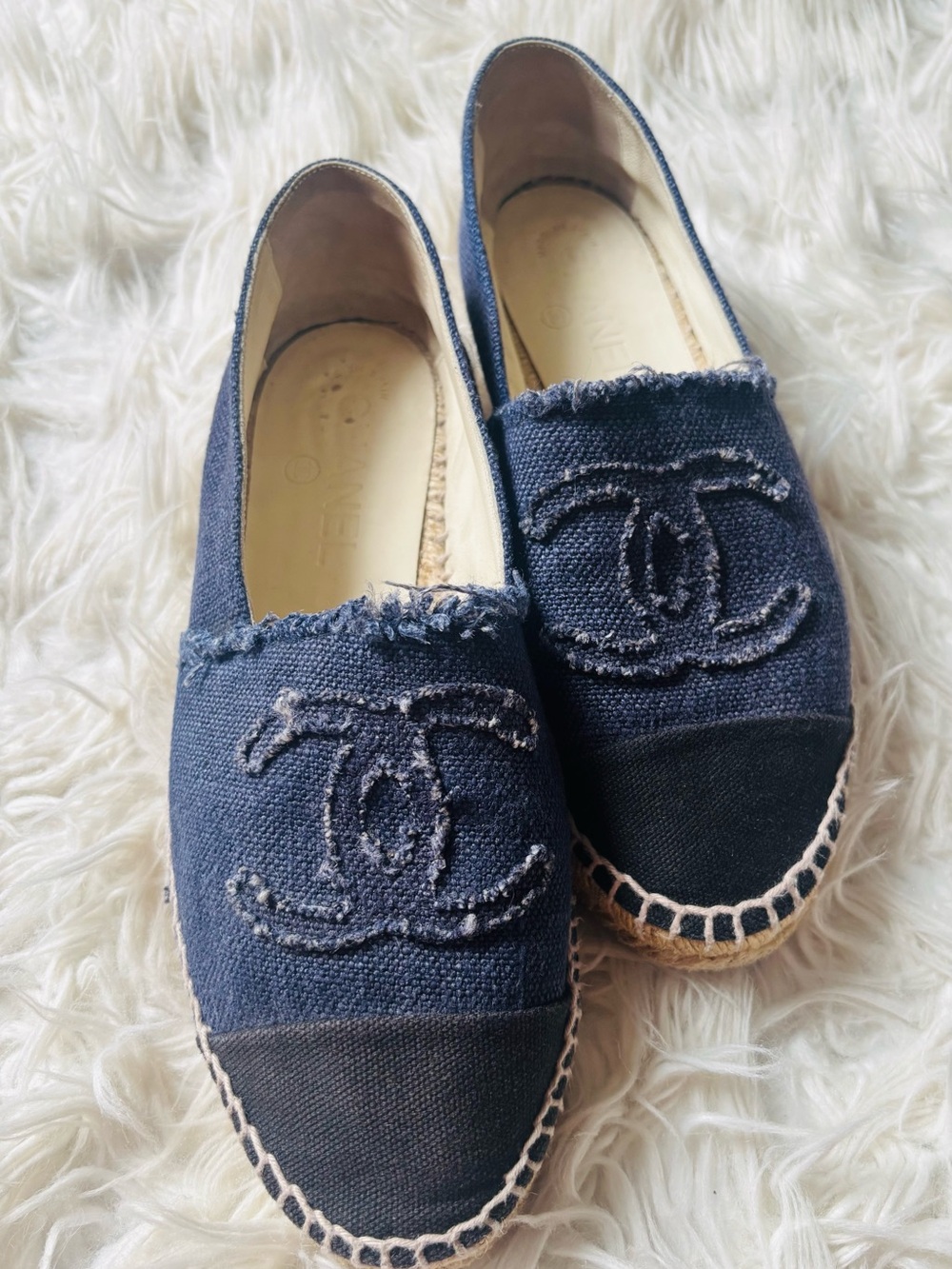CHANEL Navy Denim & Black Cap-Toe Espadrille Flats